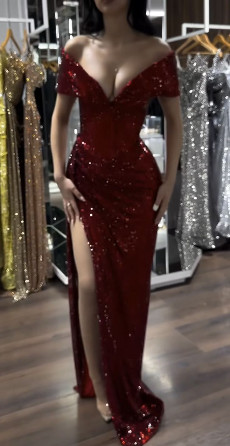 Sexy Off The Shoulder Sequin Evening Dress Burgundy Slit Party Gown - View 2 | VelvetHem