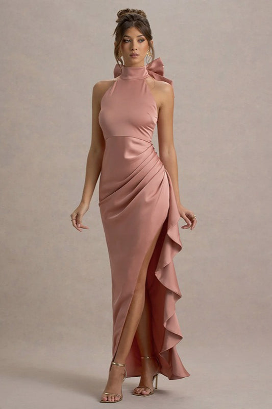 High-Neck Lace Slit Party Dress - View 4 | VelvetHem