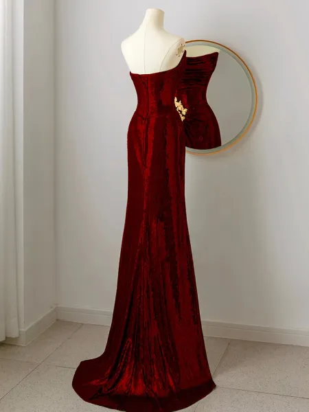Charming Sequins Burgundy Strapless Long Evening Dress Mermaid Party Dress Prom Dress - View 3 | VelvetHem