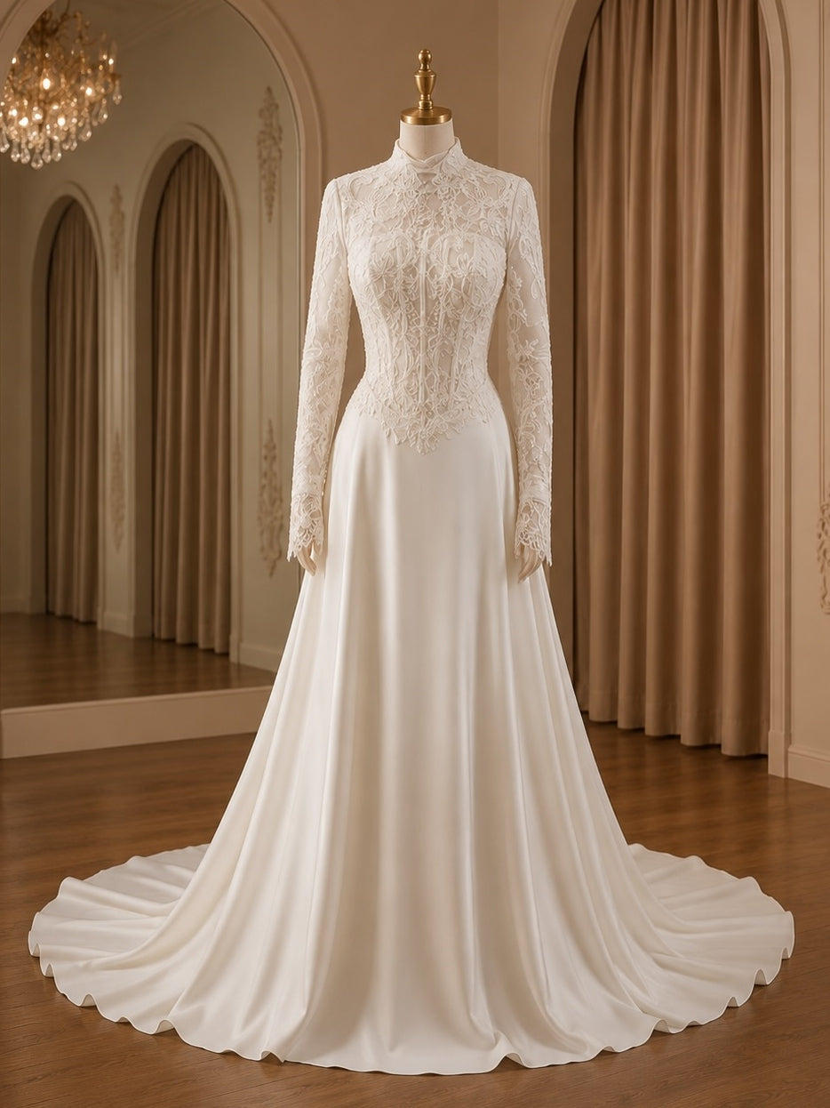 Vintage High Neck Long Sleeve Lace Structured Corset Satin Skirt A-Line Wedding Gown - VelvetHem