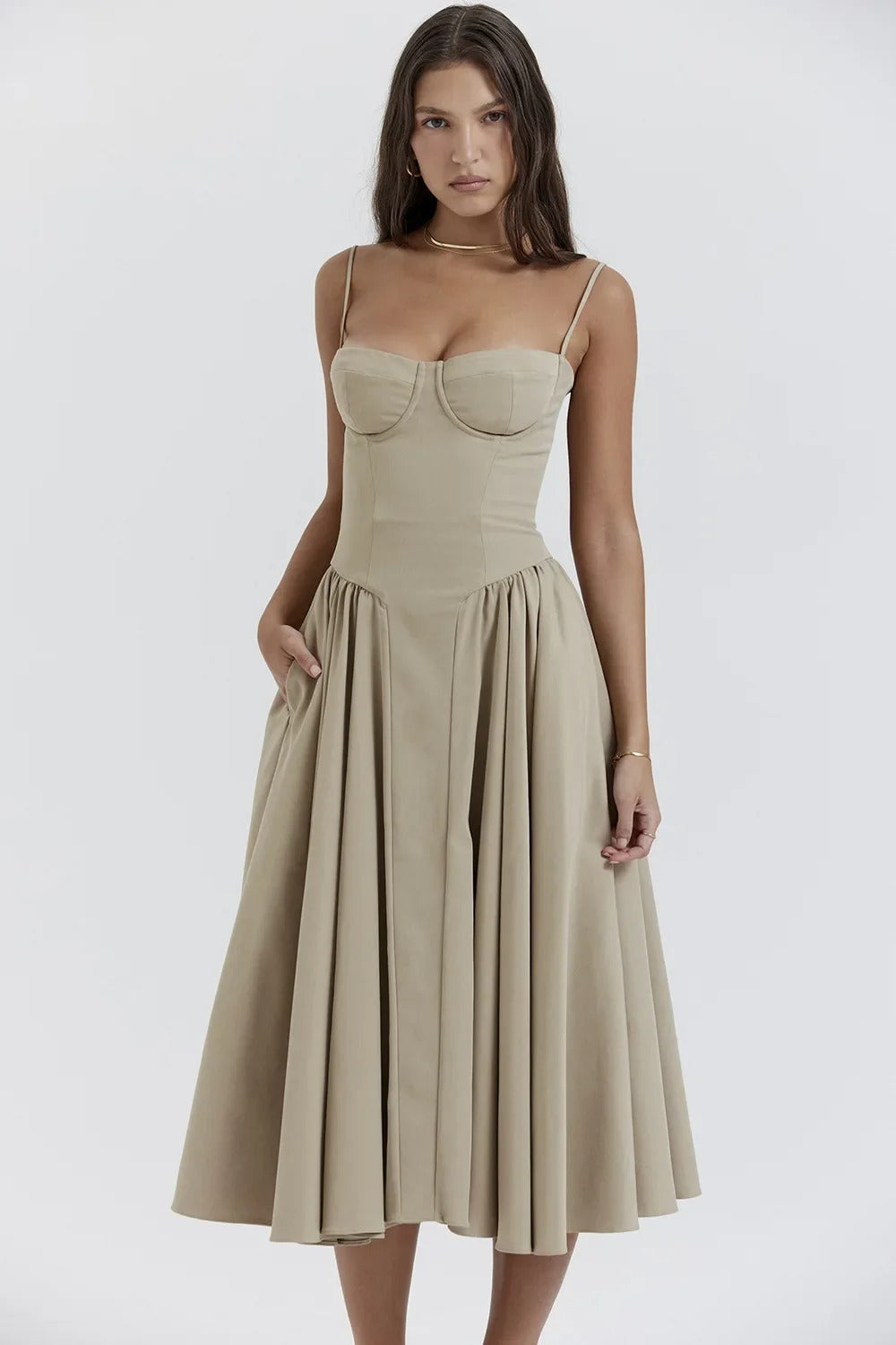 Milagros Premium Sleeveless Midi Dress with a Corset Fit Elevated Occasion Wear
