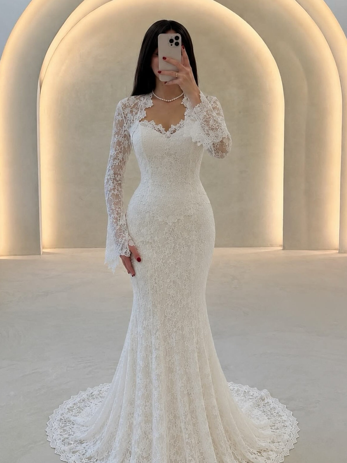 Romantic Scalloped Lace Neck Long Bell Sleeve Allover Lace Mermaid Wedding Gown