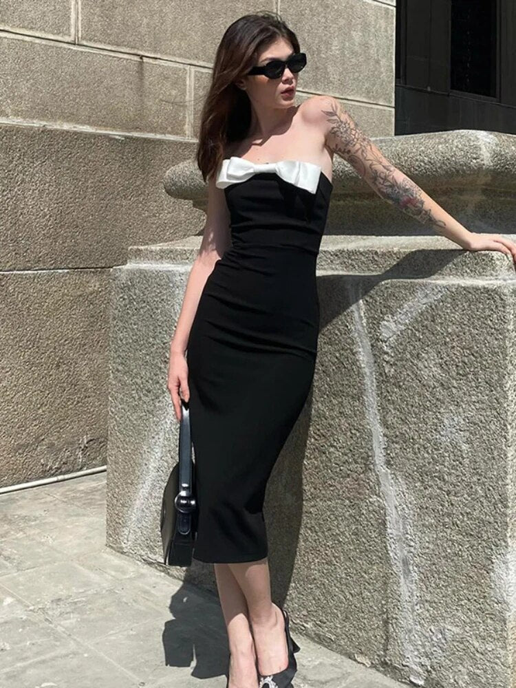 TARUXY Black Splice Bow Long Dress Women Sexy Slit Bodycon Off Shoulder Dresses Lady Wedding Elegant Party Evening Dress Femme - VelvetHem