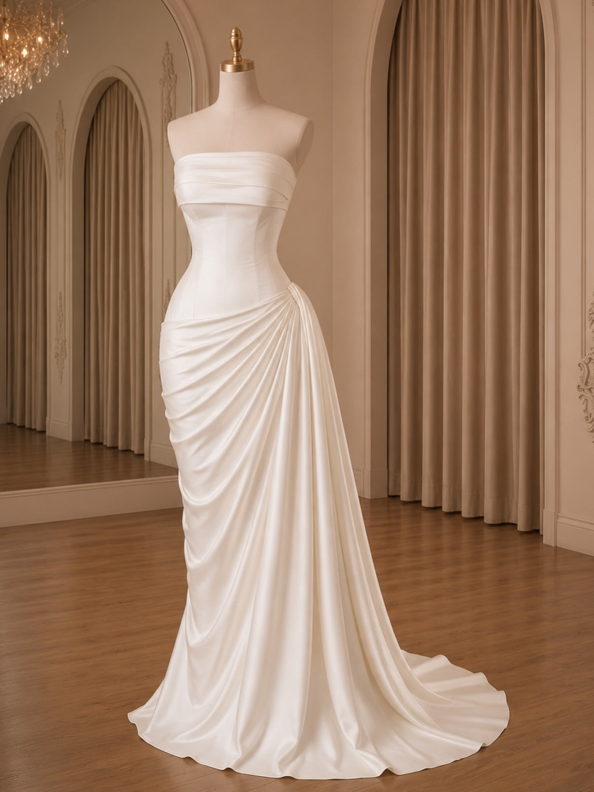 Modern Smooth Satin Asymmetric Ruched Skirt Mermaid Wedding Gown