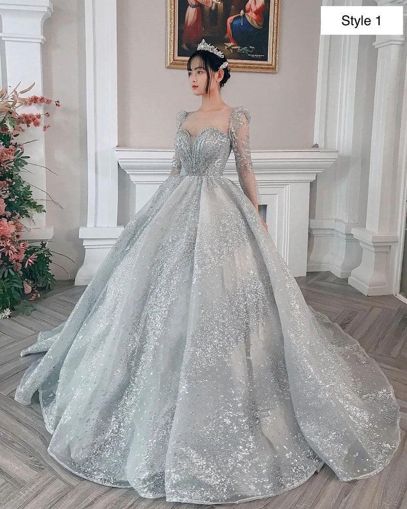 Modern Sparkly Silver Long Sleeves Wedding Dress With Glitter Tulle (ZD13601)