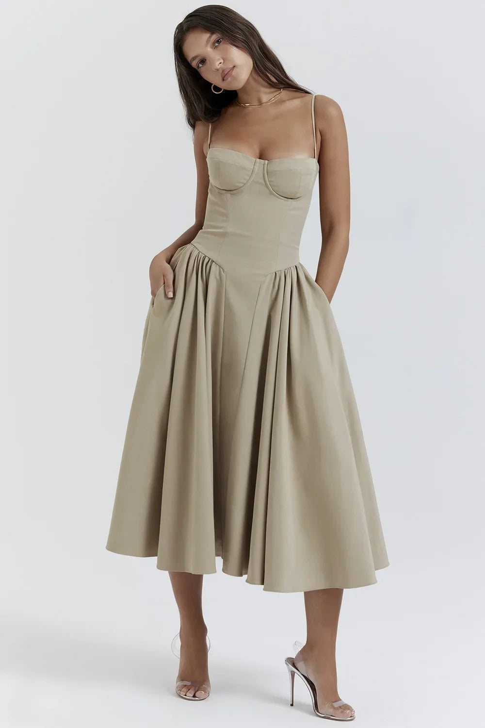 Milagros Premium Sleeveless Midi Dress with a Corset Fit Elevated Occasion Wear