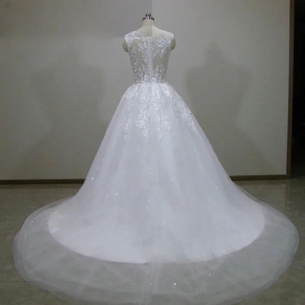 Scoop Lace Applique A Line Wedding Dresses Sleeveless Illusion Tulle Boho Bridal Gown Vestido De Noiva (ZD14038)