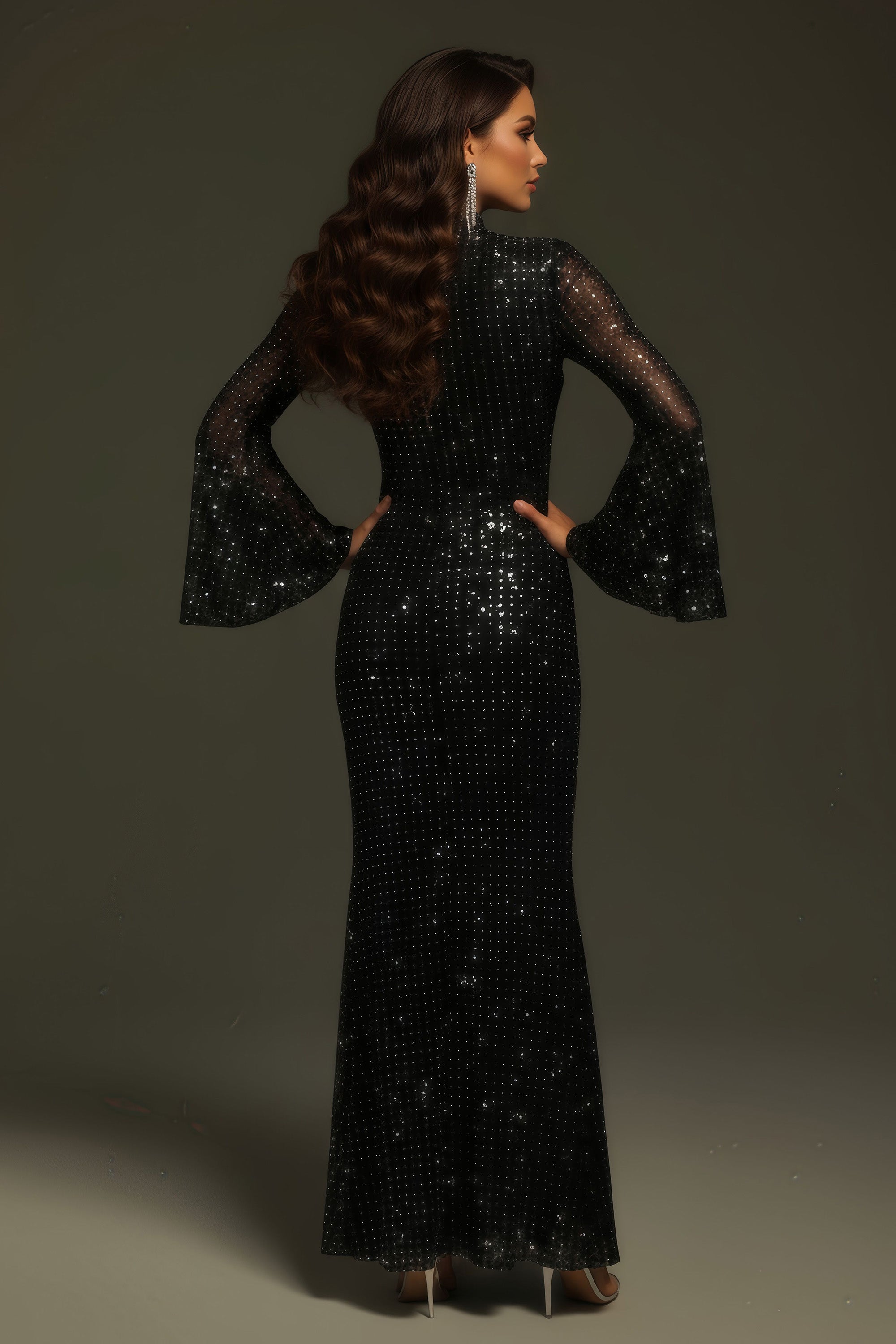 High Neck Sequin Flare Sleeve Bodycon Maxi Gown