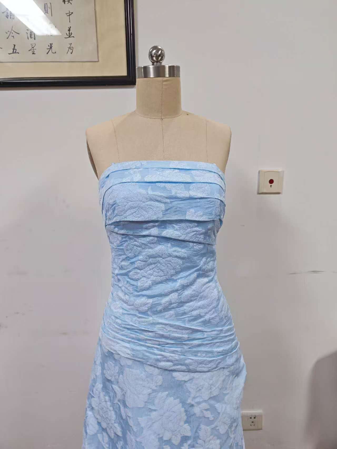 Chic Blue Strapless Satin Print Floral Long Prom Dress Sheath Slit Evening Dress Y8152