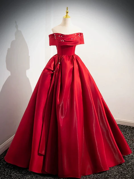 Red Satin Off Shoulder Long Prom Dress, Beautiful A Line Ball Gown - VelvetHem