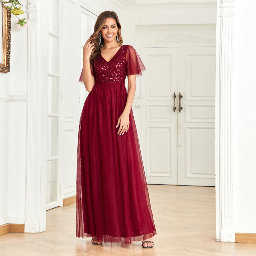 V Neck Wine Red Elegant Evening Dress Women A Line Back Zipper Mesh Stitching Sequined Short Sleeve Wedding Dress - VelvetHem