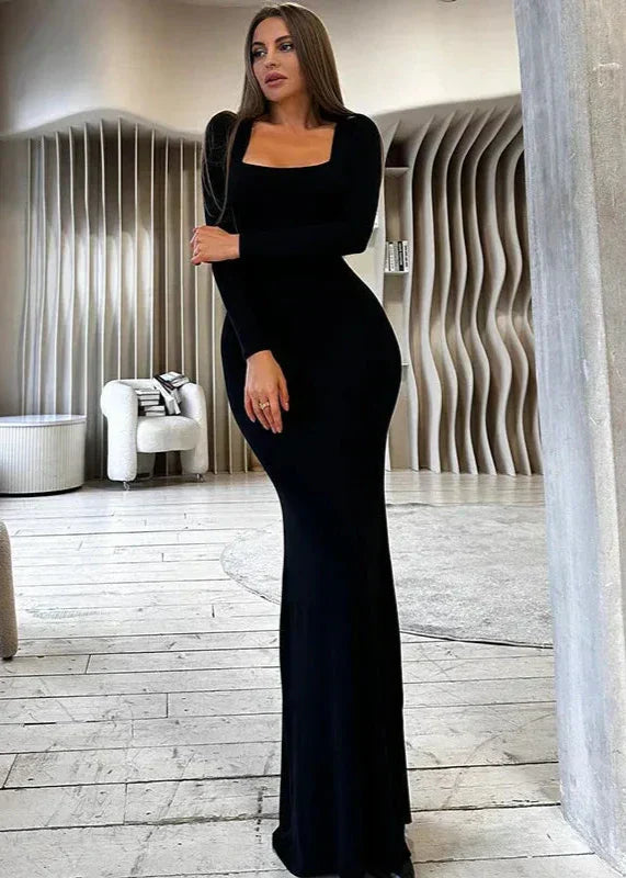 Black Slim Fit Lace Up Backless Long Sleeve Dress