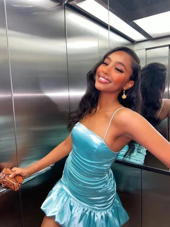 New mint green tight skirt sexy pleated skirt high waist pleated satin dress short homecoming dress Y1903 by simplepromdress