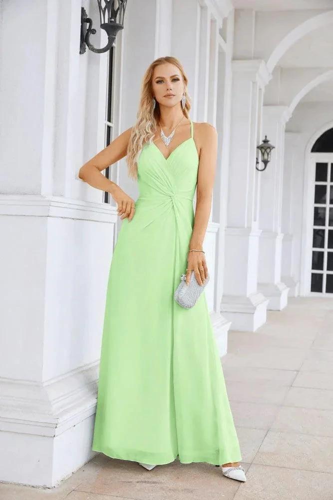 Ladies Chiffon Spaghetti Strap V Neck Front Slit Floor Length Bridesmaid Evening Dress Prom Party Wedding Evening Dress 28116 by numbersea