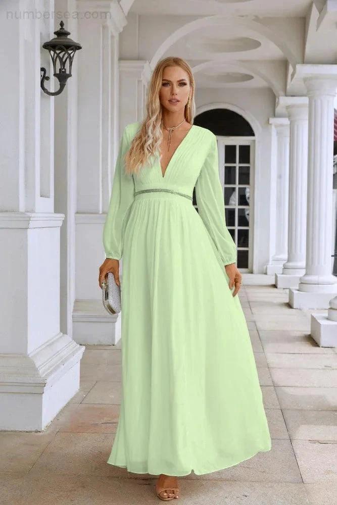 Ladies V Neck Chiffon Long Sleeve Front Slit Bridesmaid Evening Dress Wedding Party Shopping Evening Dress 28109 (ZD16991)
