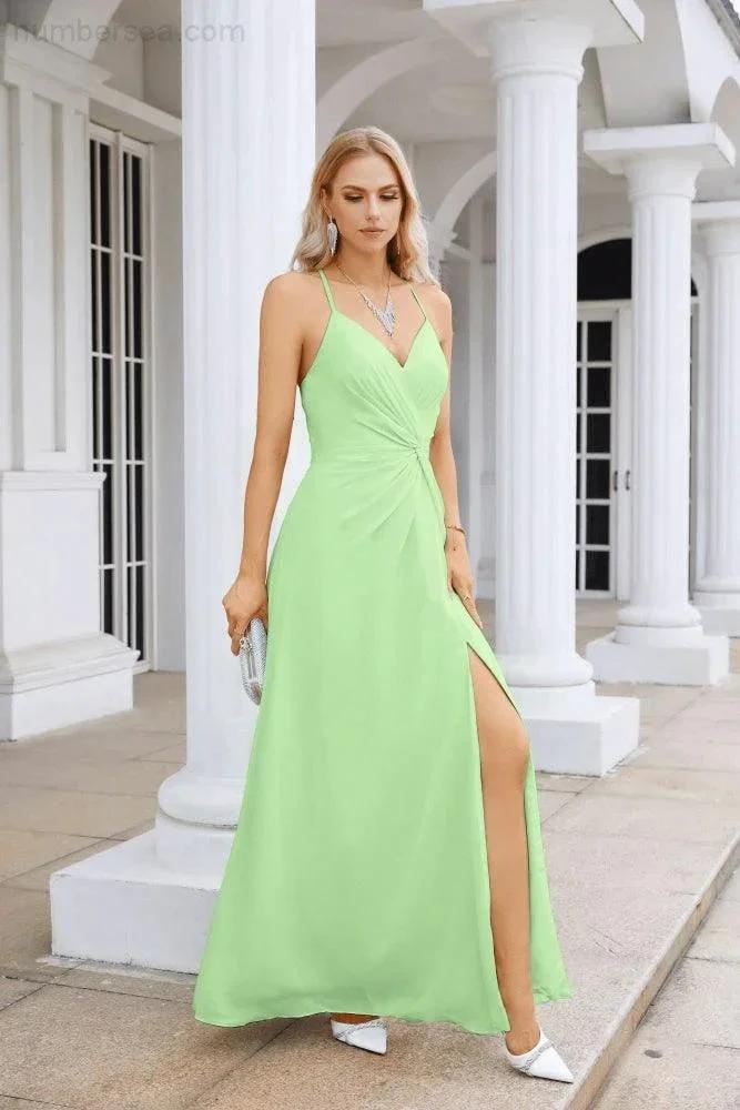 Ladies Chiffon Spaghetti Strap V Neck Front Slit Floor Length Bridesmaid Evening Dress Prom Party Wedding Evening Dress 28116 (ZD17012)