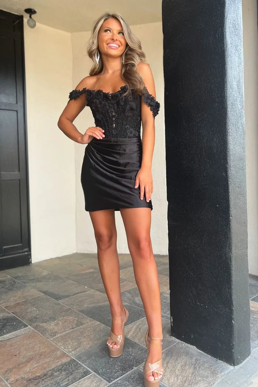 Gorgeous Sheath Off the Shoulder Black Short Homecoming Dress with Appliques