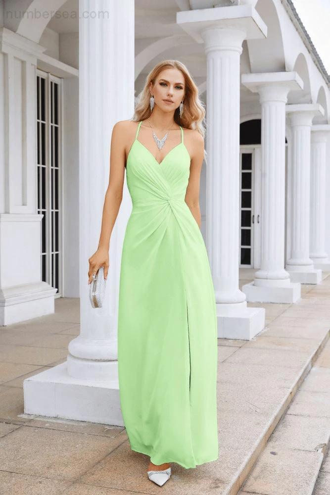 Ladies Chiffon Spaghetti Strap V Neck Front Slit Floor Length Bridesmaid Evening Dress Prom Party Wedding Evening Dress 28116 (ZD17012)