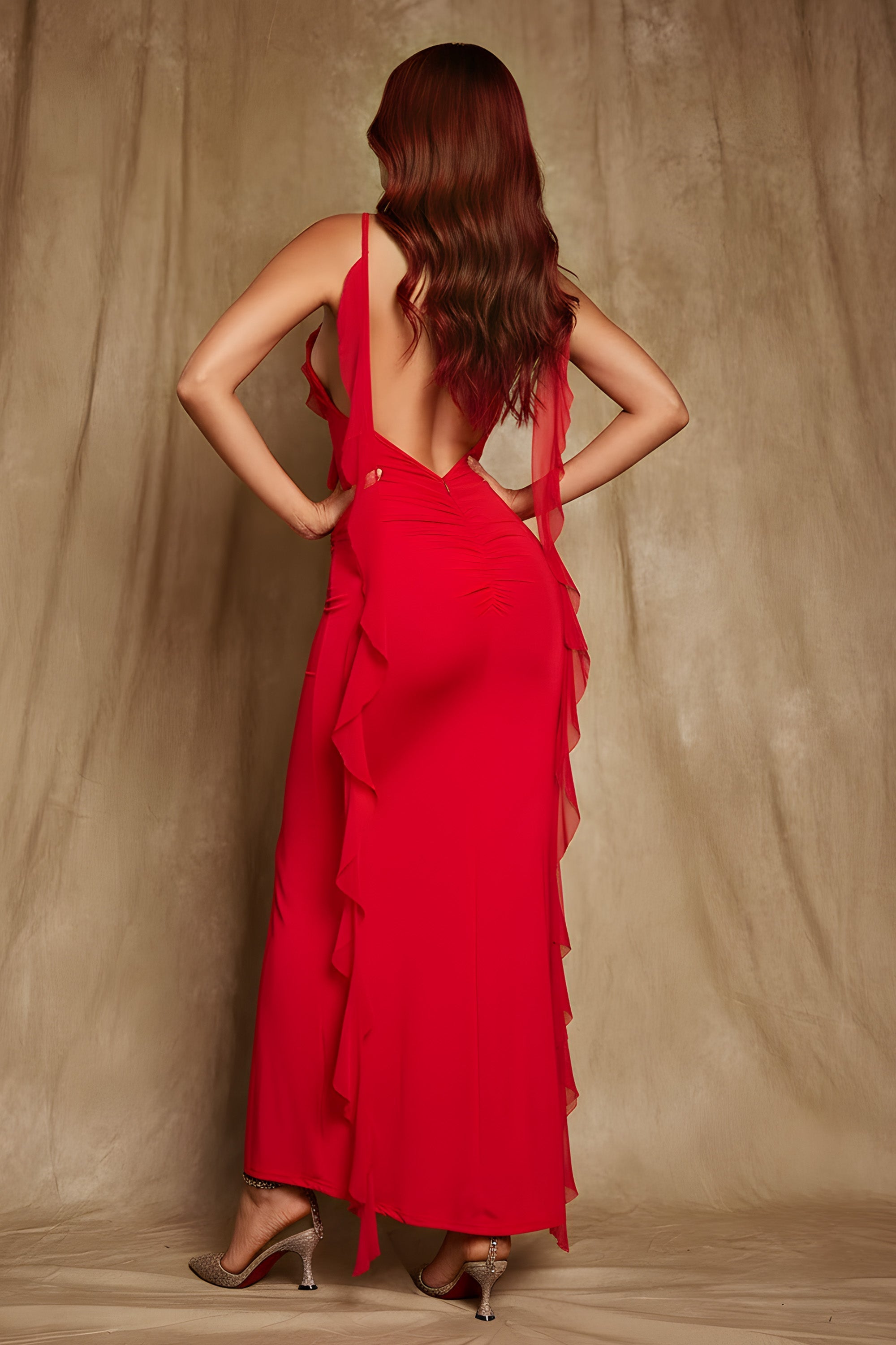 Sleeveless V-Neck Maxi Dress with Ruffled Trim and Open Back