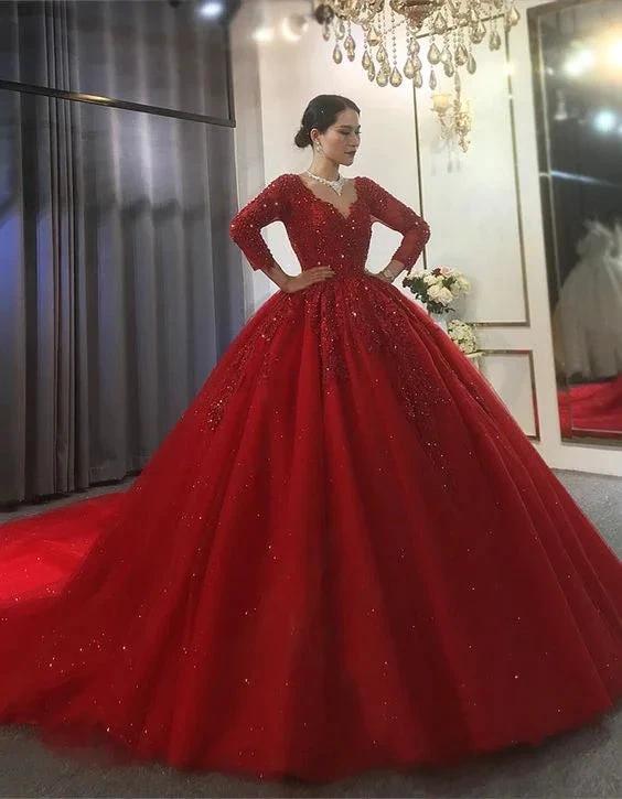 Red Tulle V-neck Long Sleeve Appliques Beading Wedding Dress Ball Gown (ZD13582)