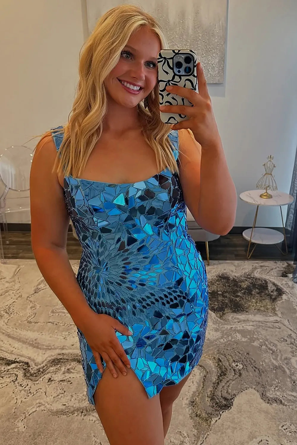 Sparkly Sheath Square Neck Blue Short Homecoming Dress with Beading - View 2 | VelvetHem
