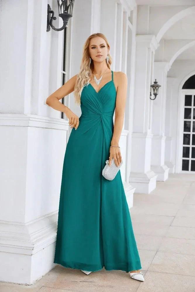 Ladies Chiffon Spaghetti Strap V Neck Front Slit Floor Length Bridesmaid Evening Dress Prom Party Wedding Evening Dress 28116 by numbersea