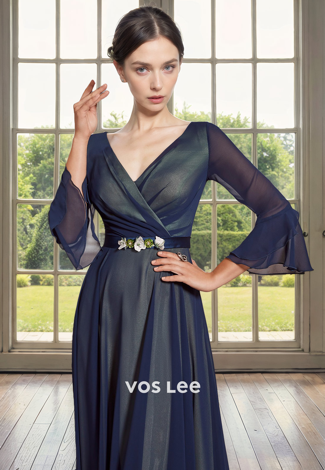 Vintage V Neck Long Sleeves A-Line 3D Flower Tea Length Tulle Mother of the Evening Dress