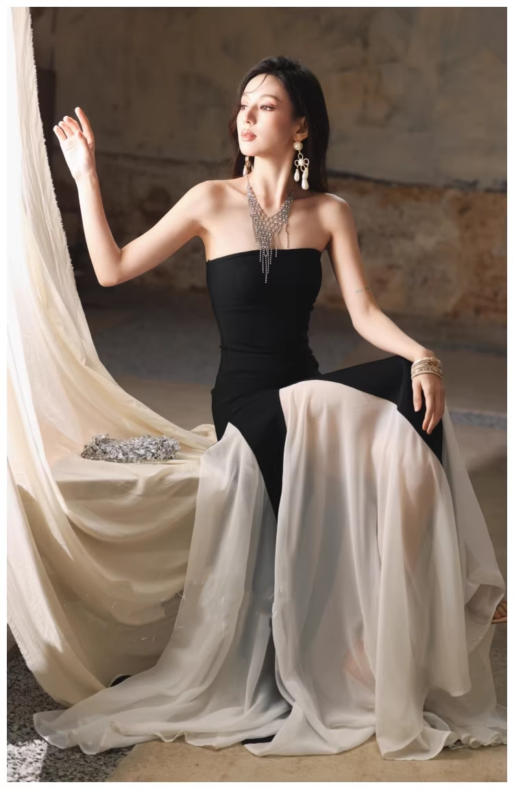 Pretty Strapless Satin Chiffon Mermaid Long Evening Dress Formal 17th Birthday Outfits - View 4 | VelvetHem