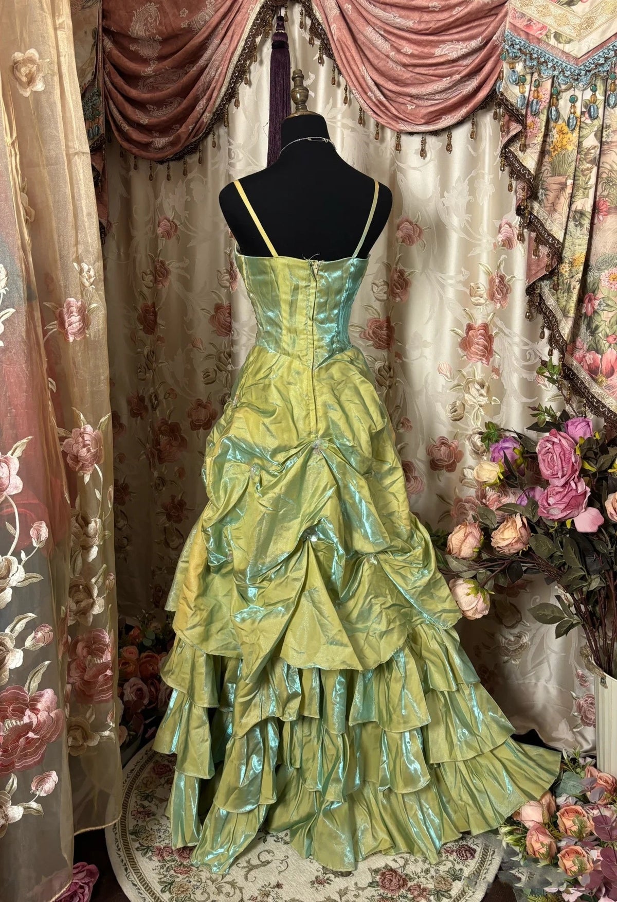 Retro Ball Gown Straps Satin Sage Green Long Party Dress Prom Dresses - View 3 | VelvetHem