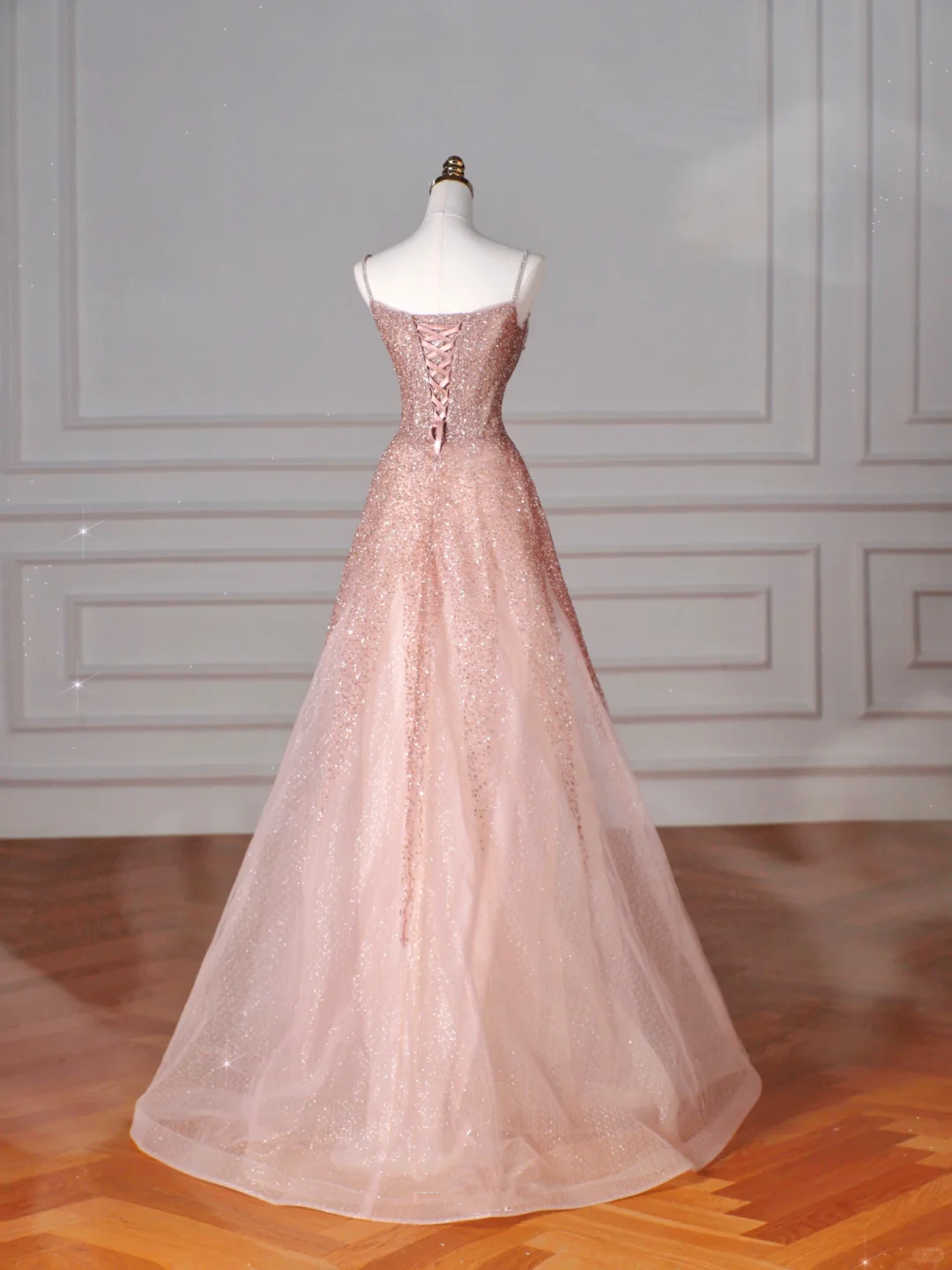 Glitter Pink Tulle Sequins Beaded Prom Dress Spaghetti Straps A Line Evening Dress Y8619