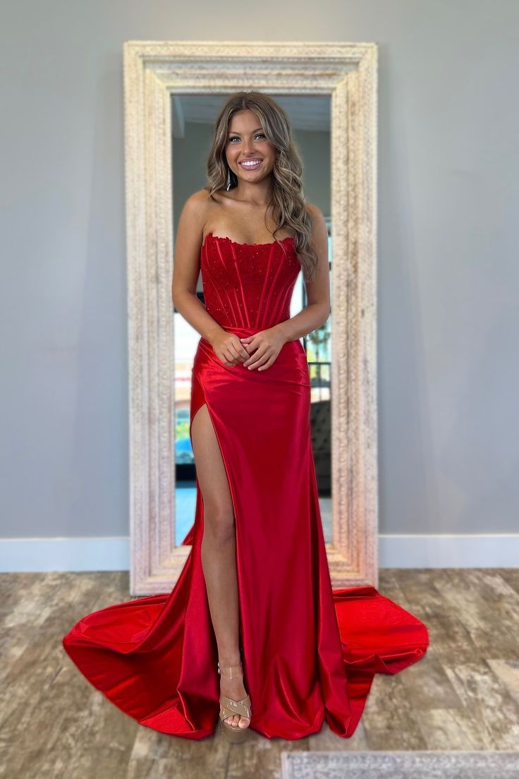 Elegant Strapless Fuchsia Lace Satin Mermaid Party Dress Slit Prom Dress - View 2 | VelvetHem