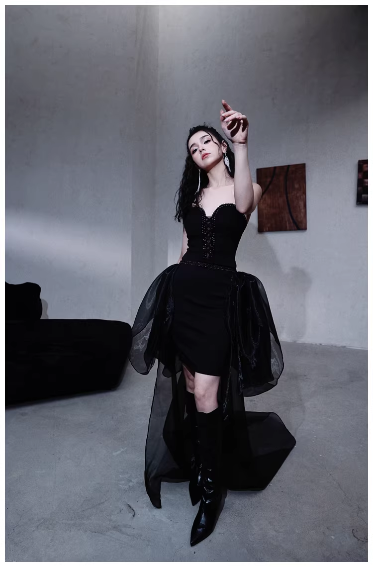 Gorgeous Black Organza Satin Beaded Long Party Dress Birthday Evening Dress - View 5 | VelvetHem