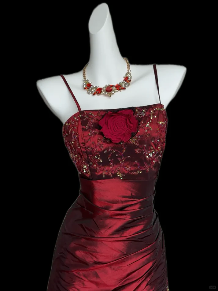 Vintage Spaghetti Straps Burgundy Satin Pleated Beaded Evening Dress Long Mermaid Party Dress - View 2 | VelvetHem