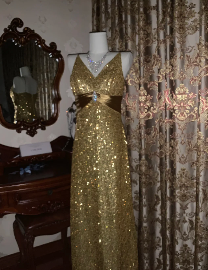 Glitter V Neck Sequin Beaded Gold Mermaid Party Dress Long Evening Dress - View 2 | VelvetHem