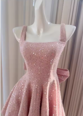 Elegant Pink Big Bow Sequin Short Homecoming Dress Party Dress - View 2 | VelvetHem