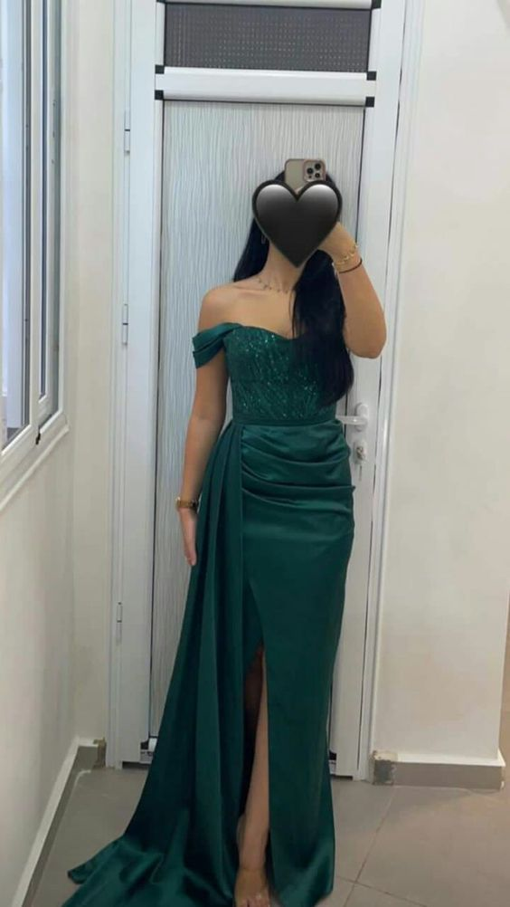 Dark Green Satin Off Shoulder Mermaid Side Slit Long Evening Prom Dresses - VelvetHem