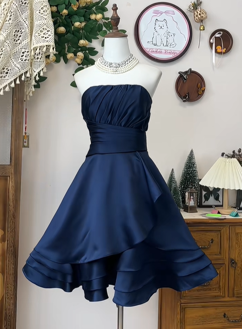 Simple Strapless Navy Blue Satin A Line Homecoming Dress Short Party Dress