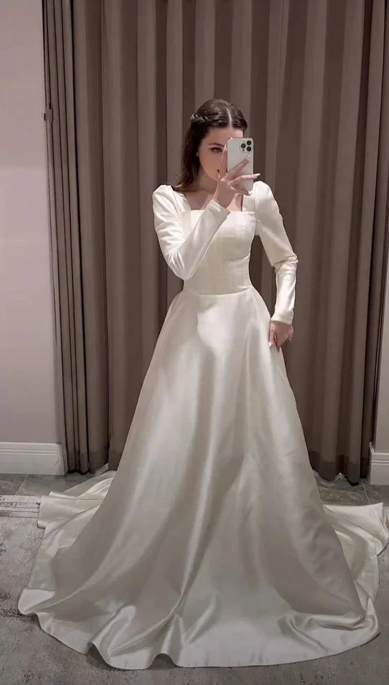 Modest A-line Square Neckline White Satin Wedding Dress (ZD13696) - VelvetHem