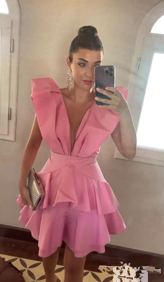 Pink Deep V Neck Homecoming Dress Pink Party Dress Y2469 - VelvetHem