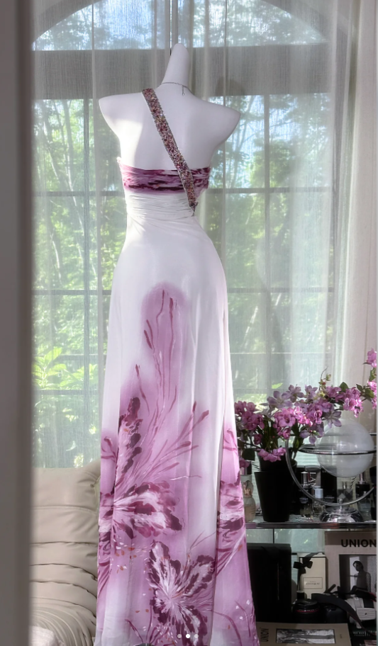 Pretty One Shoulder Beaded White Chiffon Lilac Floral Mermaid Evening Dress Long Party Gowns - View 2 | VelvetHem