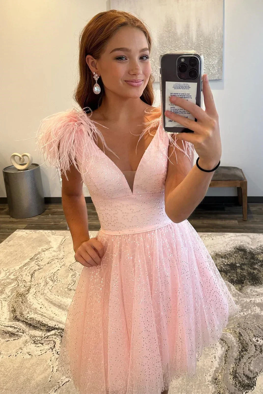 Pink A-line Tulle Deep V Neck Beaded Homecoming Dress with Feathers (ZD11870)