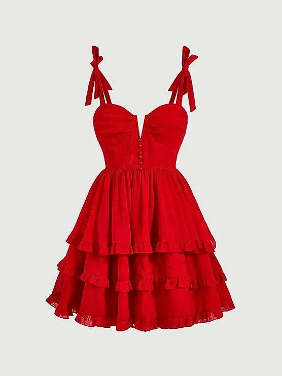Red A-line Tie Shoulder Ruffle Hem Homecoming Dress Y2720 by simplepromdress