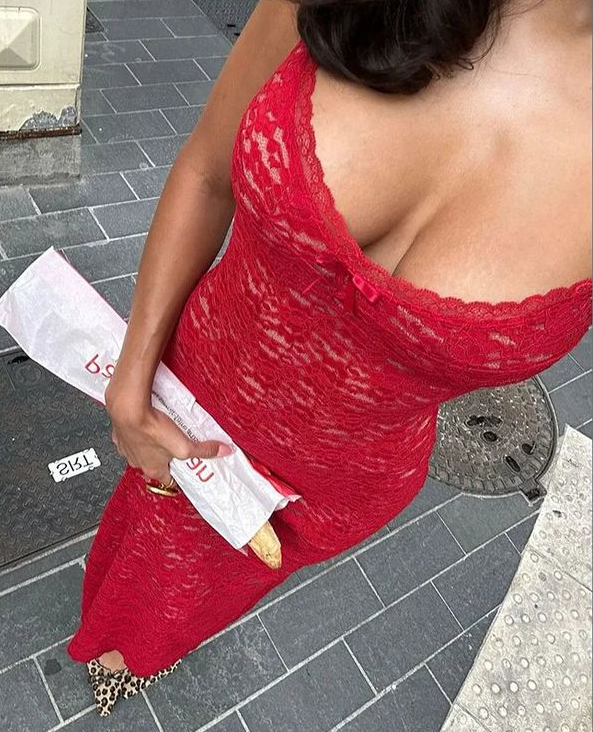 Sexy Red Lace Sheath Prom Dress Spaghetti Straps Party Evening Dress - VelvetHem