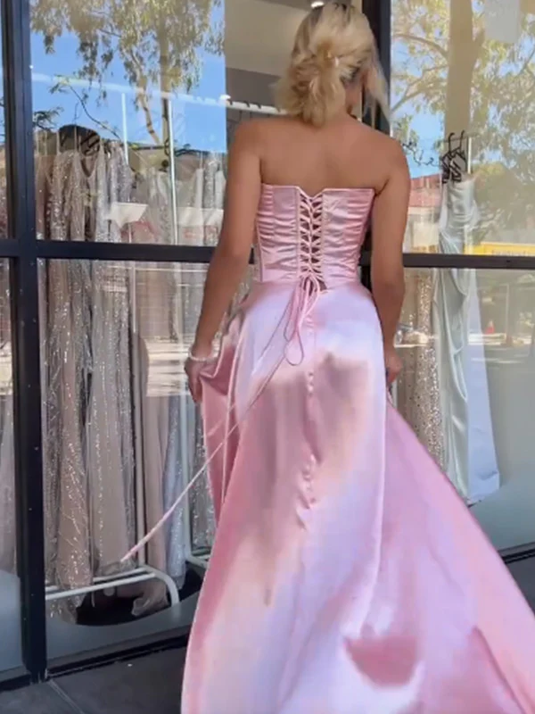Pink Strapless Beaded Satin Party Dress A Line Prom Evening Dress - View 3 | VelvetHem