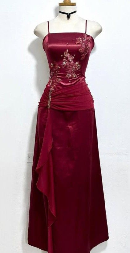 Burgundy Satin Beaded Chiffon Evening Dress Long Party Prom Dress - View 3 | VelvetHem