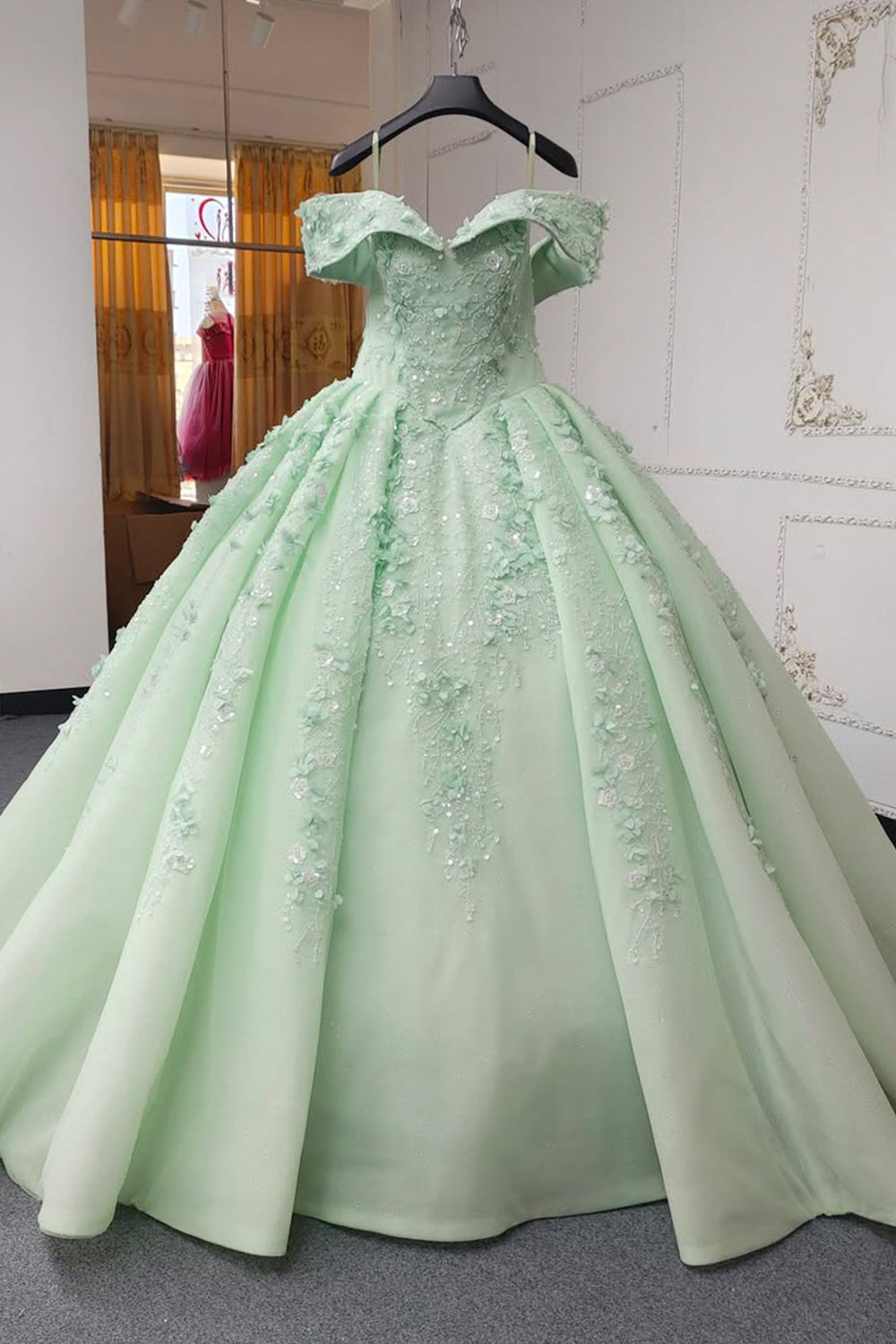 Princess A Line Off the Shoulder Green Ball Gown Quinceanera Dress with Beading Appliques - VelvetHem