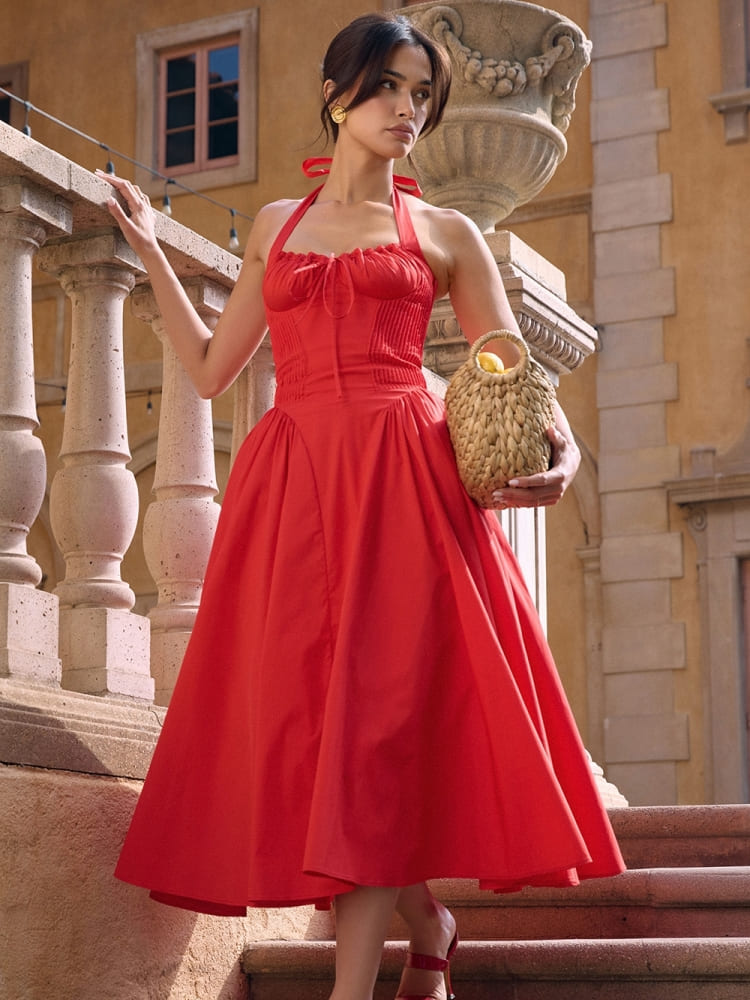 Red Backless Halter Midi Dress