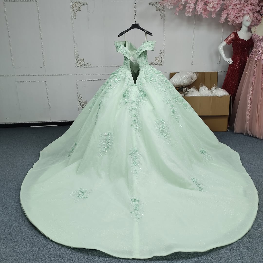 Princess A Line Off the Shoulder Green Ball Gown Quinceanera Dress with Beading Appliques - View 2 | VelvetHem