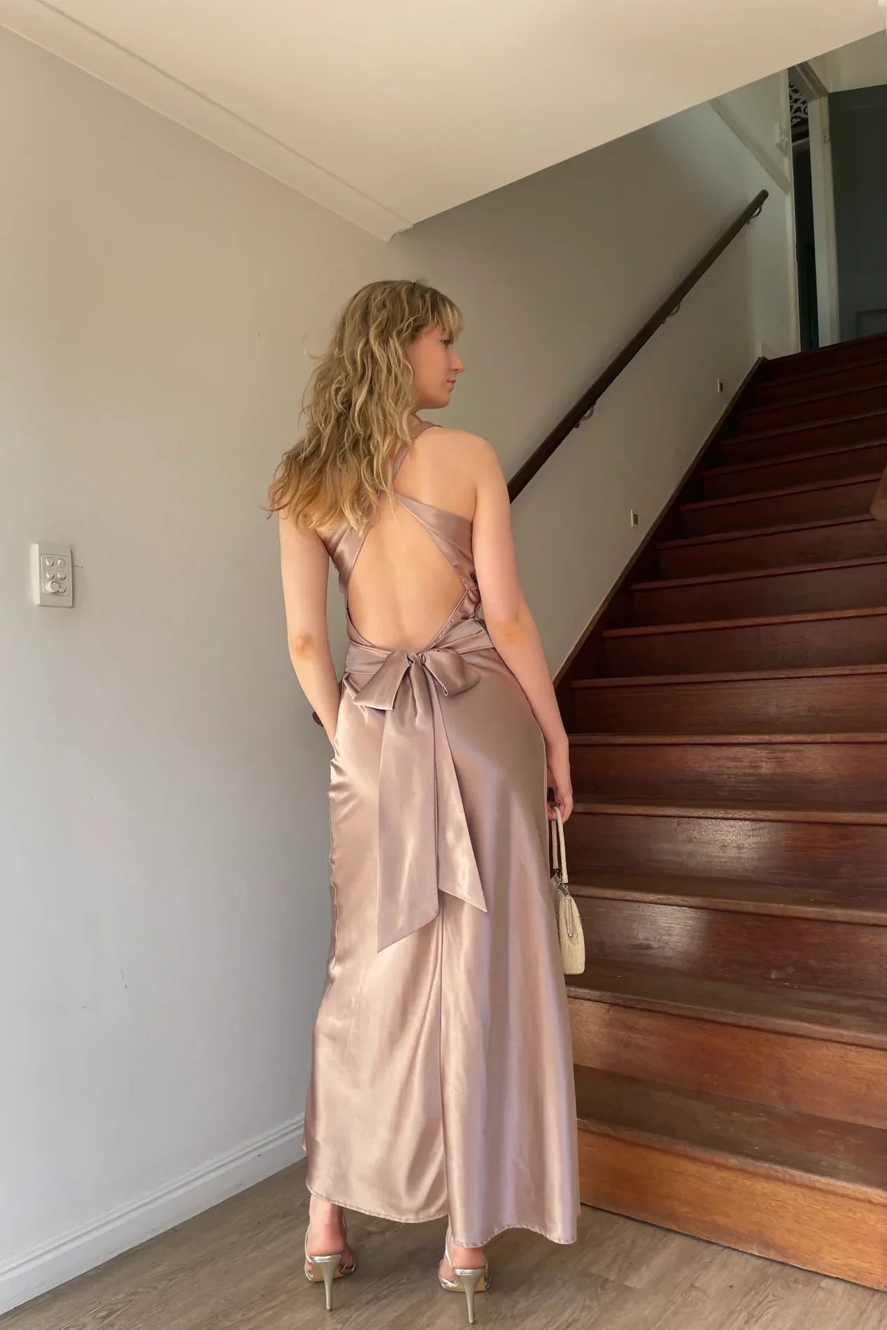 Trendy Sheath Halter Neck Purple Long Party Dress with Open Back Bowknot