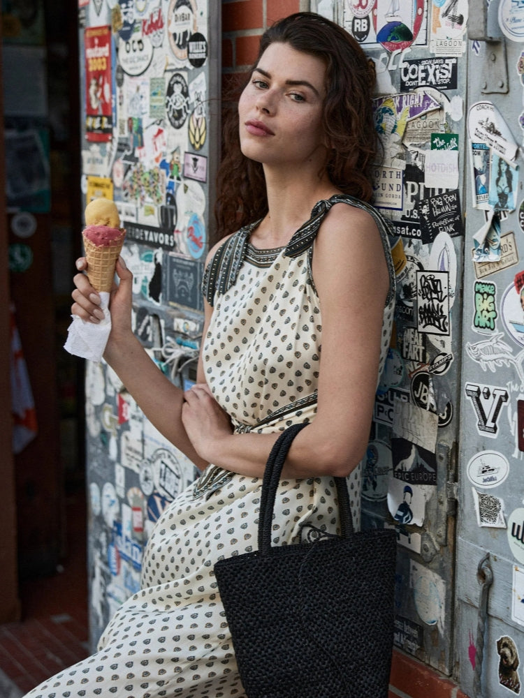 Cream Geometric Print Tie-Strap Midi Dress